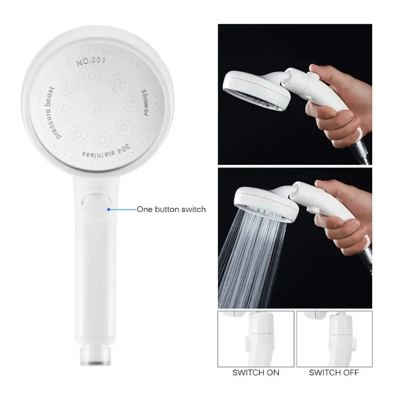 

Pressurized Shower Head High Pressure Jetting Adjustable Water Saving ShowerHead Bathroom SPA Nozzle With Switch On/Off Button