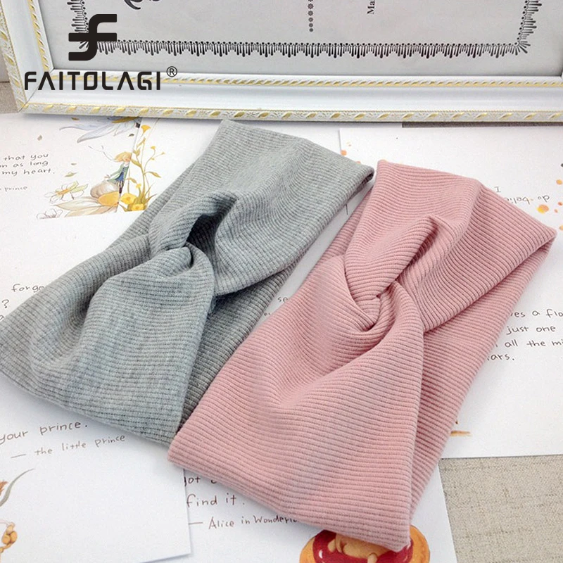 Diadema para mujer, turbante ancho de Color sólido, diadema tejida con nudo cruzado, accesorios para el cabello para lavado de cara para niñas, diadema trenzada de algodón de otoño