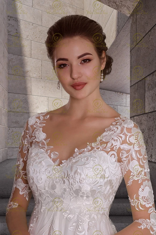 Robe de Mariée en Dentelle et Tulle pour Femme Enceinte, Tenue Élégante, sur Mesure, Manches 2024, 3/4