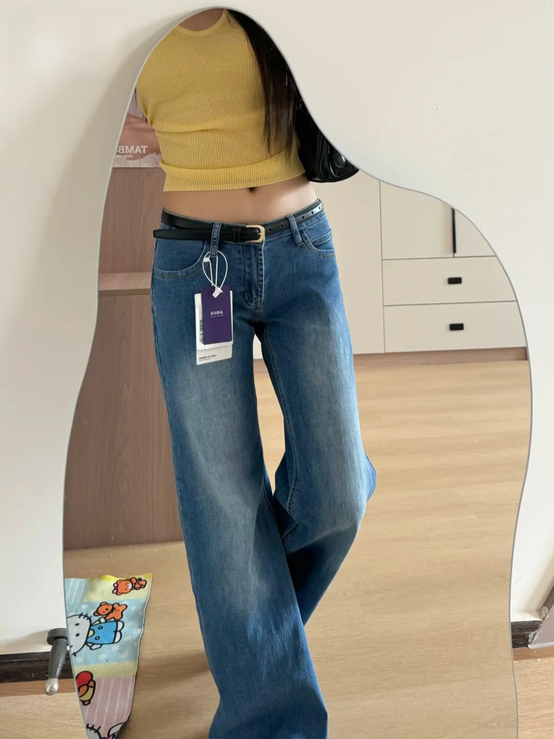 

Американские джинсы-клеш свободного кроя для женщин, летние повседневные джинсовые брюки с высокой талией, прямые штаны для дам