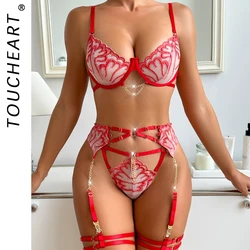 Toucheart Sexy Hot Girl Chain Underwear Set For Women Spliced Steel Ring Sexy Temptation Embroidery Plus Size Underwear Set New