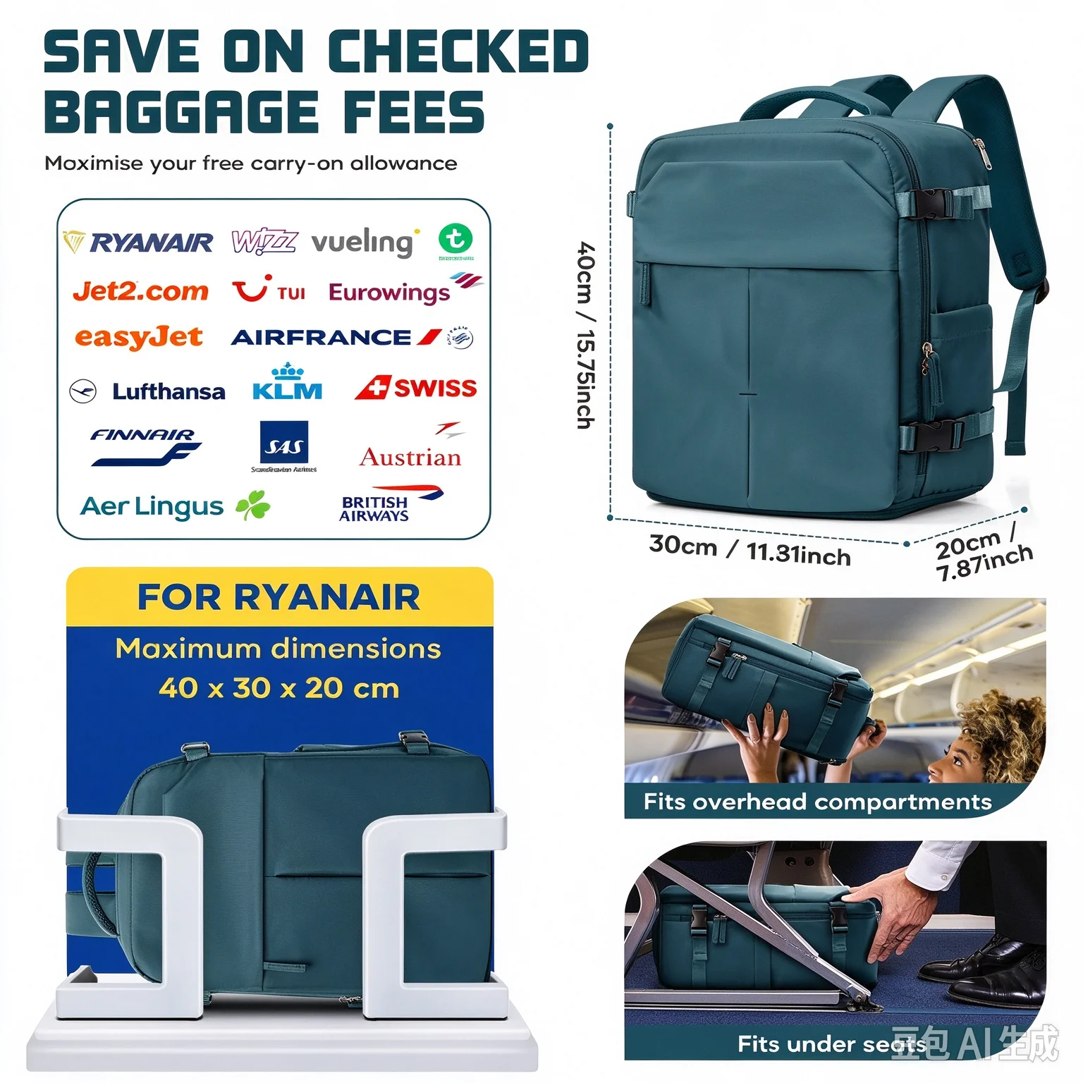 Airplane Cabin Travel Backpack 40x30x20 for Ryanair 24L Hand Luggage and Travel Backpack Ideal for Men Women,Carry-on Laptop Bag