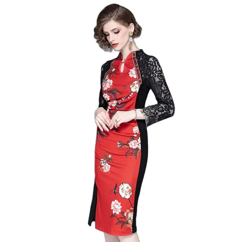 2023 autumn new women's long-sleeved lace dress stitching print slim dress step dresses