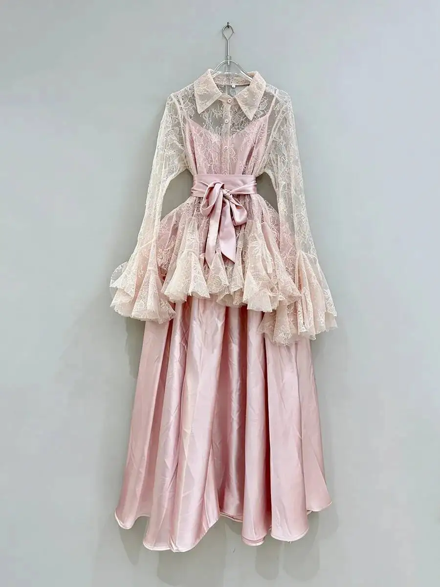 BJTZ Dames 2026 Nieuwe Elegante Temperament Kant Satijn Set Elegante Pure Ruche Blouse + Rok Lente Herfst Luxe Coord