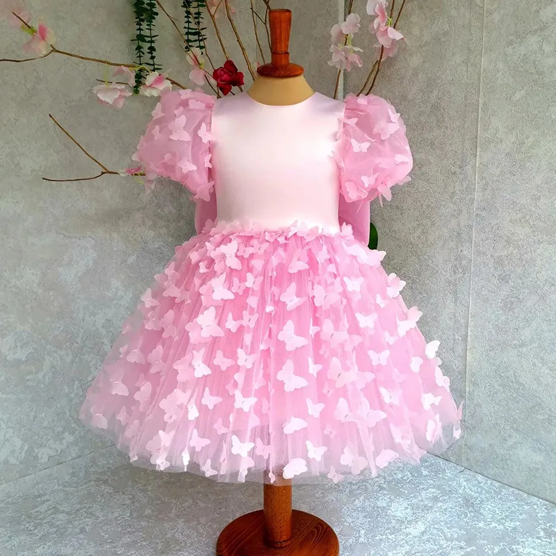 Customized New Pink O-neck Puff Sleeve Girl Floral Dress Euramerican Summer Popular Slim Waist A-line Ball Gown Fairy Bow Appliq