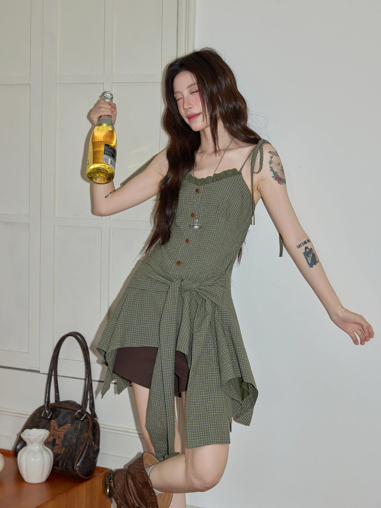 Green Plaid Halter Dress Women's Spring Summer Slim Fit Cotton Polyester Blend Regular Thickness Citywalk Suitable Ladies