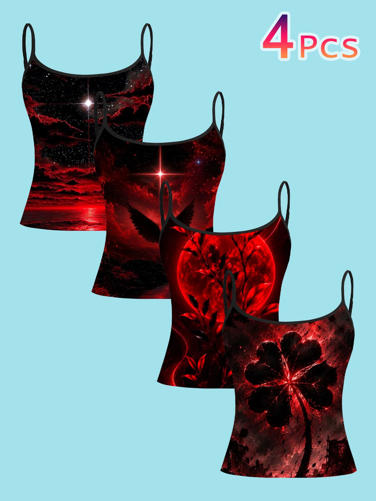 4-Piece Set of Women's Camisoles with Red Dark Night Sky, Red Moon, and Four-Leaf Clover Prints, Vintage Dark Style Spaghetti Strap Slim-Fit Inner Tops