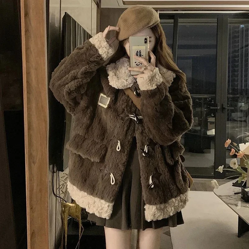 Vintage Horn Buttons Coat Women Winter Thick Warm Faux Wool Loose Jacket Y2K Streetwear Patchwork Casual Hotsweet Outwear New
