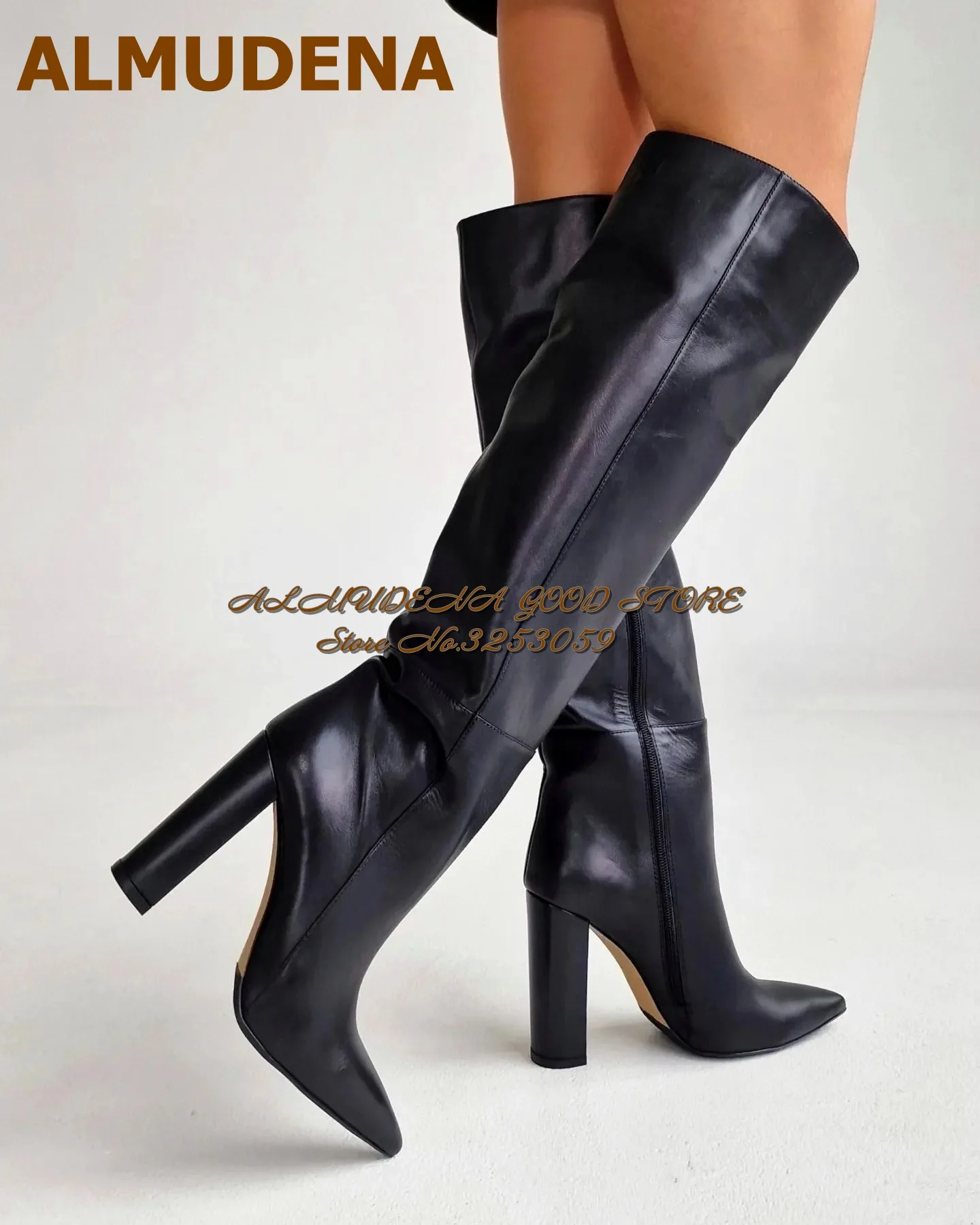 ALMUDENA Black Matte Chunky Heel Over The Knee Boots Pointed Toe Zipped Slouchy Boots Size 46 Fall Winter Dress Shoes