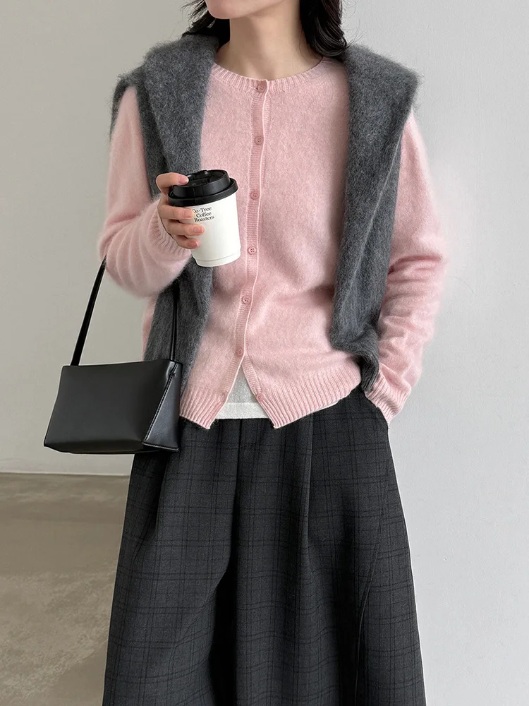 Women Fleece Wool Cashmere Sweater Cardigan Autumn Winter Round Neck Seamless Single Breasted Soft Knitwear - view 5