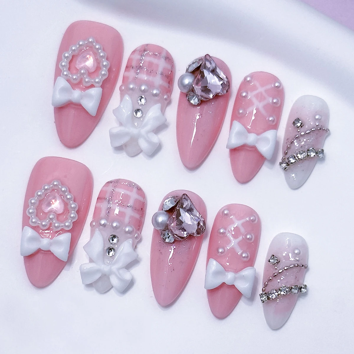 10pcs Handmade Press on Nails Medium Almond Shaped Nails, White Bow Pearl Heart Decorated Fake Nails, Ballet Style Fake Nails