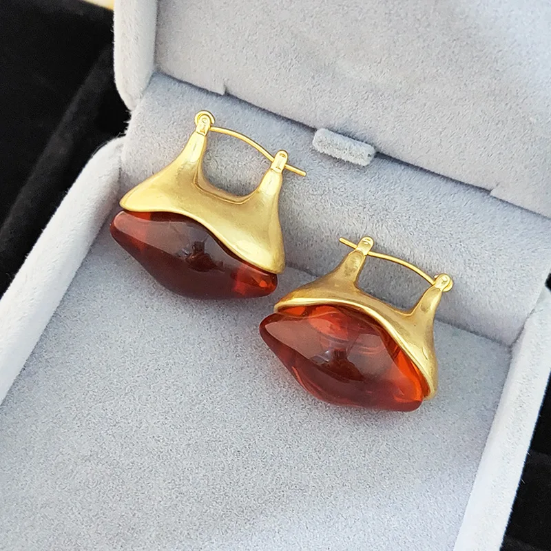 Special Shape Irregular Green Red Resin U-shaped Metal Earrings French Retro Glaze Hoop Earrings for Women Girl Jewelry NEW INS