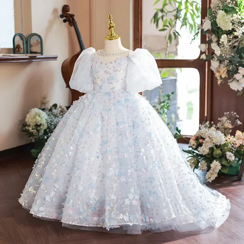 Girls Sequined Ball Gown Princess trailing Dresses Baby Kids Flower Girl Wedding Birthday Party Vestidos Children Clothing