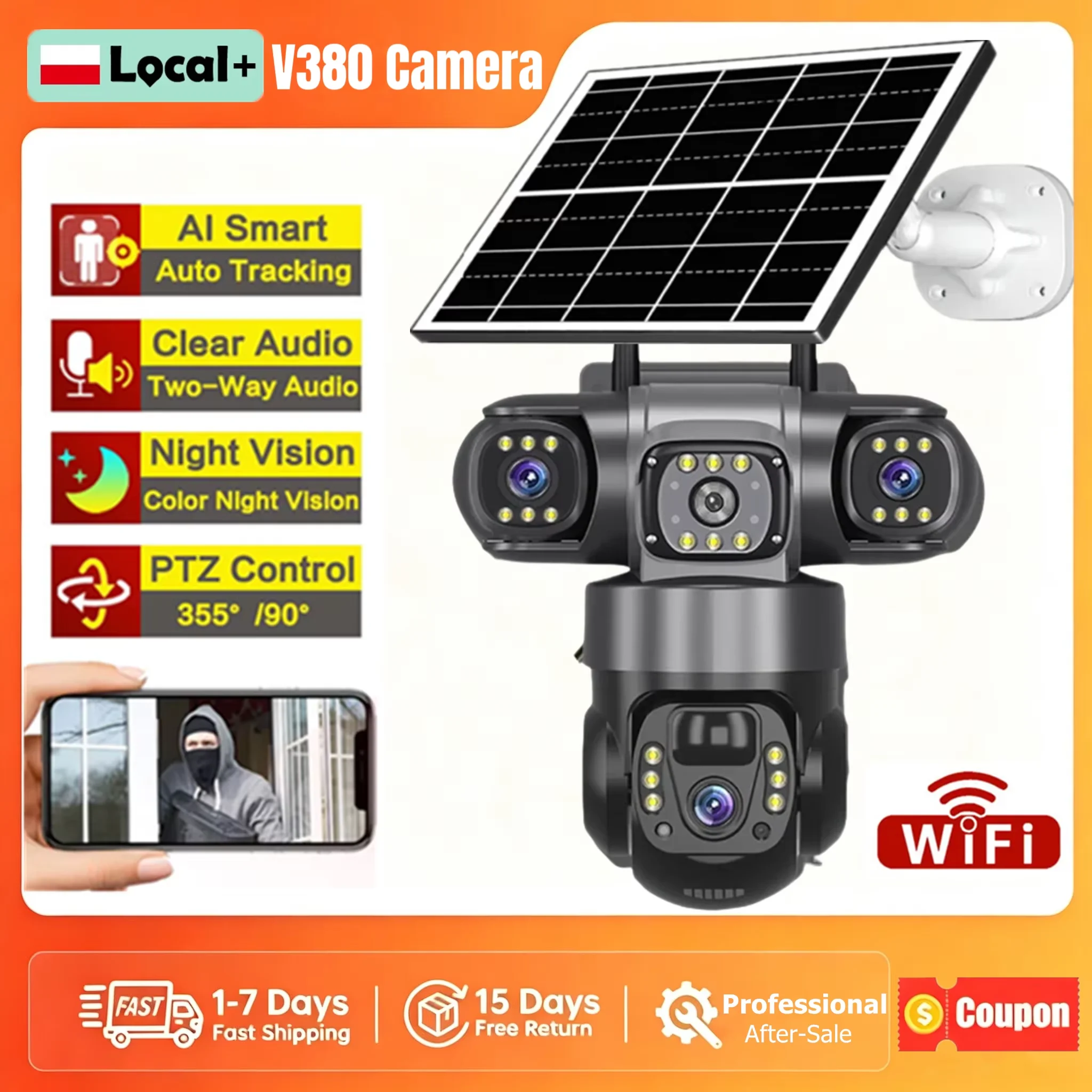 Caméra IP solaire WiFi V380 Pro 12MP extérieure à triple objectif 360° °   Caméra de sécurité CCTV sans fil PTZ, détection humaine PIR, suivi automatique, vision nocturne, étanche, surveillance vidéo extérieure pour la maison