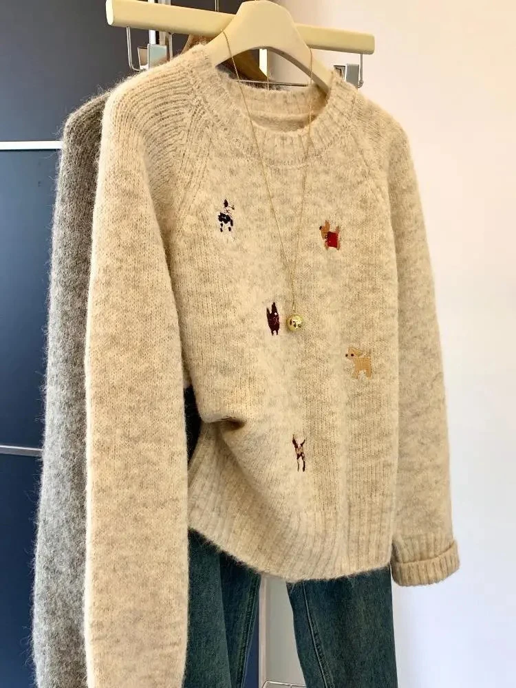 Puppy Embroidery Knitted Sweater Women Sweet Long Sleeve O Neck Preppy Pullovers Vintage Kawaii Loose Casual Student Jumpers New