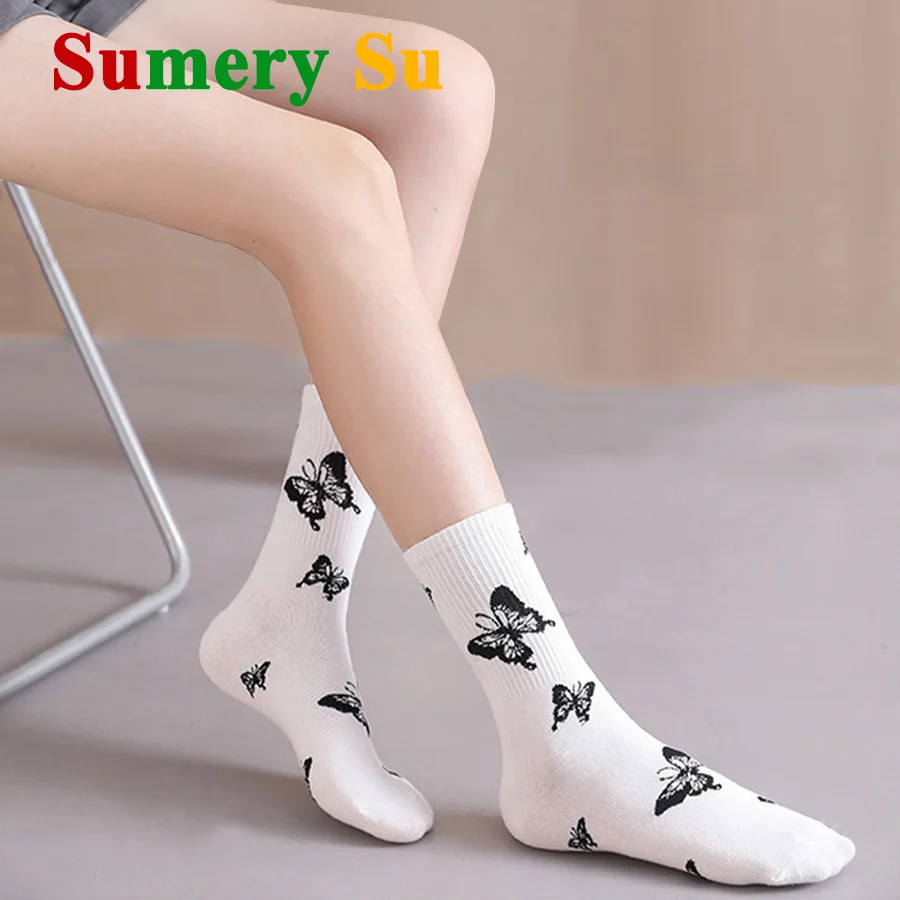 3 Pairs/Lot Cute Socks Women Black White Butterfly Colorful Long Cotton Casual Funny Cartoon Middle Tube Sock Girls Gift