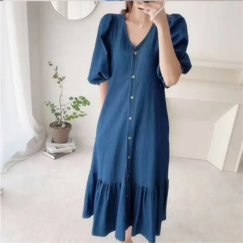 

Vintage Denim Blue Women Shirt Ruffle Dress Summer Fashion Short Sleeve Maxi Robe Oversized Casual V Neck A Line Sundress