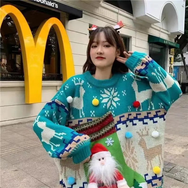 Świąteczny Czerwony Trójwymiarowy Sweter Damski z Dzianiny w Stylu Cartoon, Luźny, w Stylu Lazy, z Okrągłym Dekoltem, do Noszenia na Zewnątrz