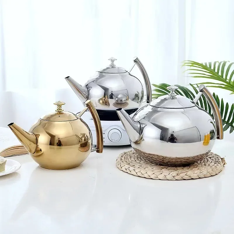 Thickened Stainless Steel 1-2L Teapot Flower Tea Kettle with Strainer Hotel Restaurant Restaurant Cook Teapot Induction Cooker