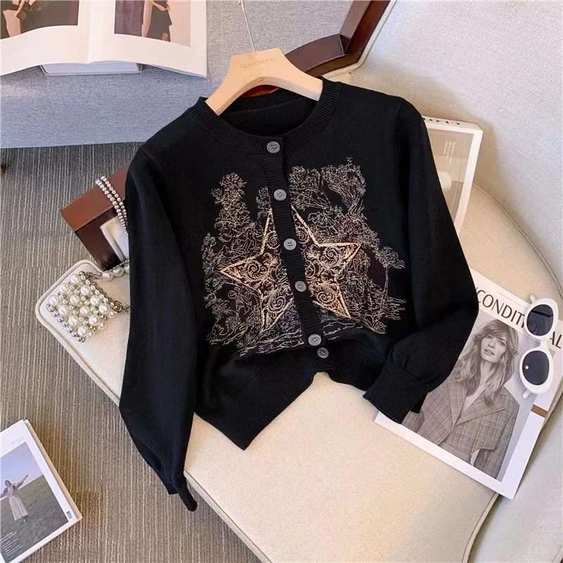 女性用刺embroidery付きショートニットカーディガン,長袖セーター,暖かいカシミアコート,韓国スタイル,日本、秋と冬