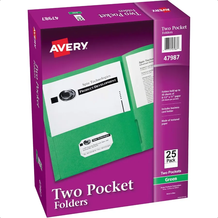 

Two Pocket Folders Holds up to 40 Sheets Busin Card Slot 25 Green Folders 47987
