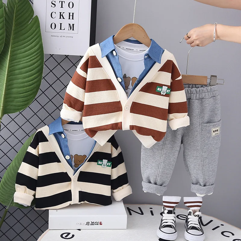 Luxury Baby Boy Clothes 12 To 18 Months Sets Cartoon Striped Single Breasted Cardigan Jackets White T-shirts Pants Boys Outfits