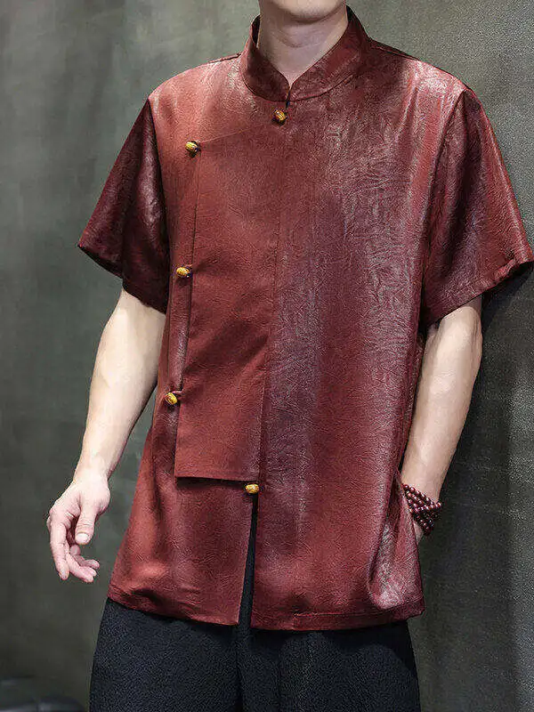 

Men's Summer Thin ort Sve Acetate Satin Drapey Cool irt Large Size Tang Costume Soft Luster Regular Thin Bright T...
