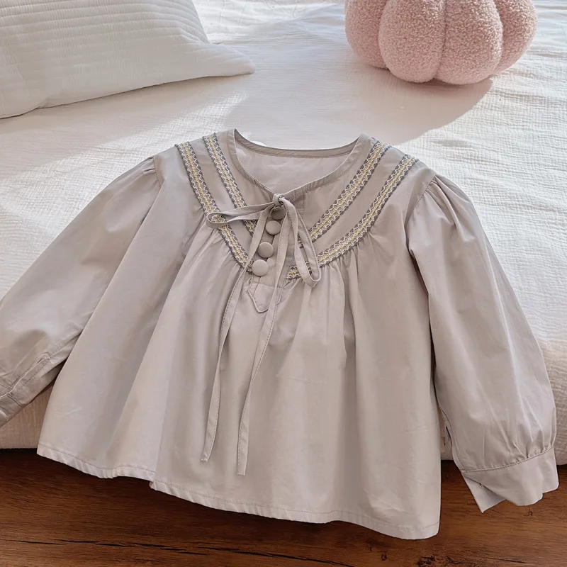 

Spring Casual Solid Tassels Bow Baby Dress Fashion Button Loose Lace Korean Style Autumn Kids Tops for Girls