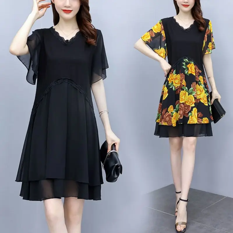 

Fashion Korean Style Chiffon Long Dress Patchwork Lace Dress Female Elegant Solid Color Short Sleeve Dress for Women A-line V4