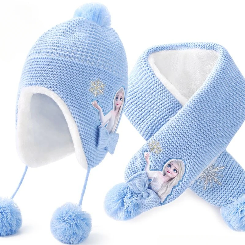 Disney Frozen Elsa animation peripheral cartoon children's knitted hat and scarf set winter plus velvet thickening to keep warm