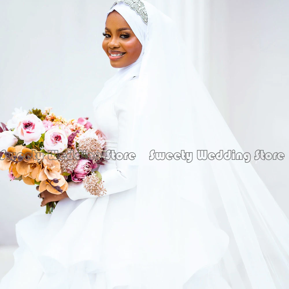 Gaun pengantin Muslim sederhana gaun pesta Organza Ruffles leher O lengan panjang putih gaun pengantin gaun Afrika No ajab