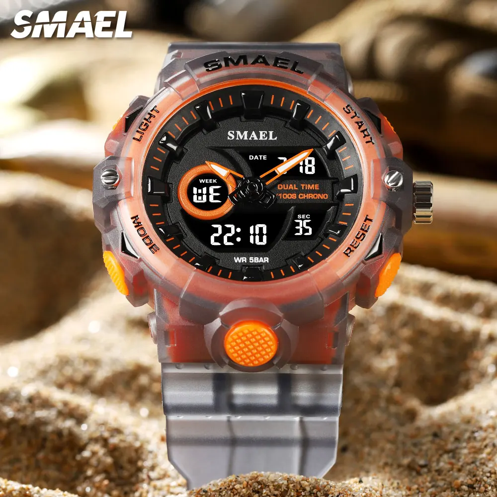 

SMAEL Digital Watch Men Fashion Military Sport Orange Gray Quartz Wristwatch with Auto Date Chronograph Dual Time Display 8081