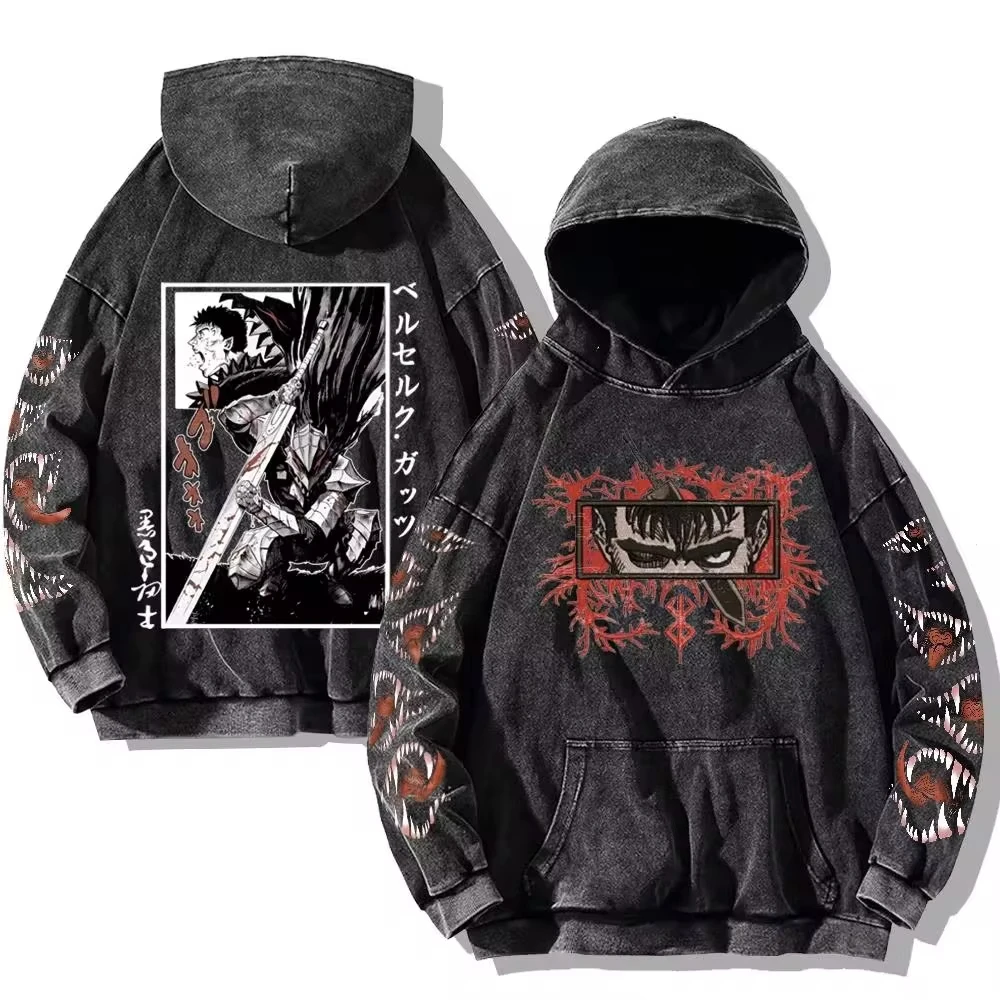 Men's Berserk Hoodies Gothic Print Vintage Washed Hoodie Hip Hop Harajuku Casual Streetwear Cotton Sweatshirts Hooded Pullover