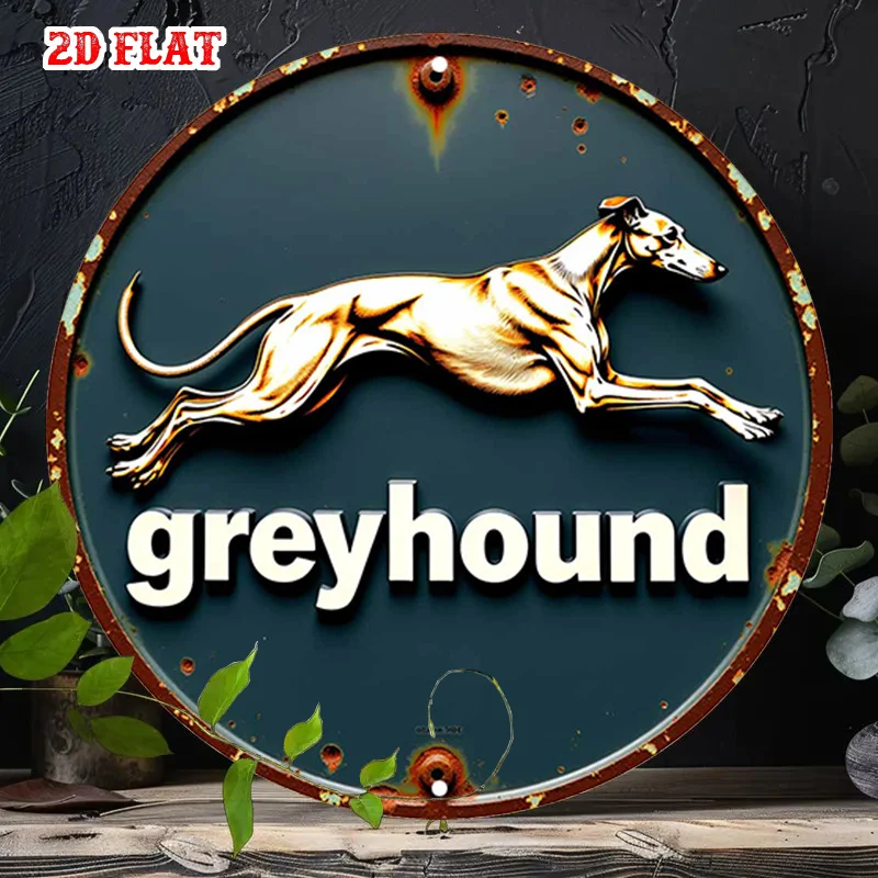 2D Flat, 2D Flat 1pc Simple Dog Aluminium Metal Tin Sign, Running Round Aluminium Sign, Greyhound 7.87X7.87 Round Aluminum Sign -