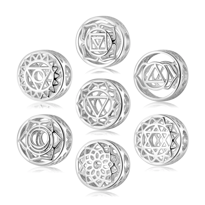 

Hot Sale Hollow Out 7 Chakras Charms Yoga Wheel Beads for Jewelry Making Silver-color Fit Original European Charms Bracelets DIY