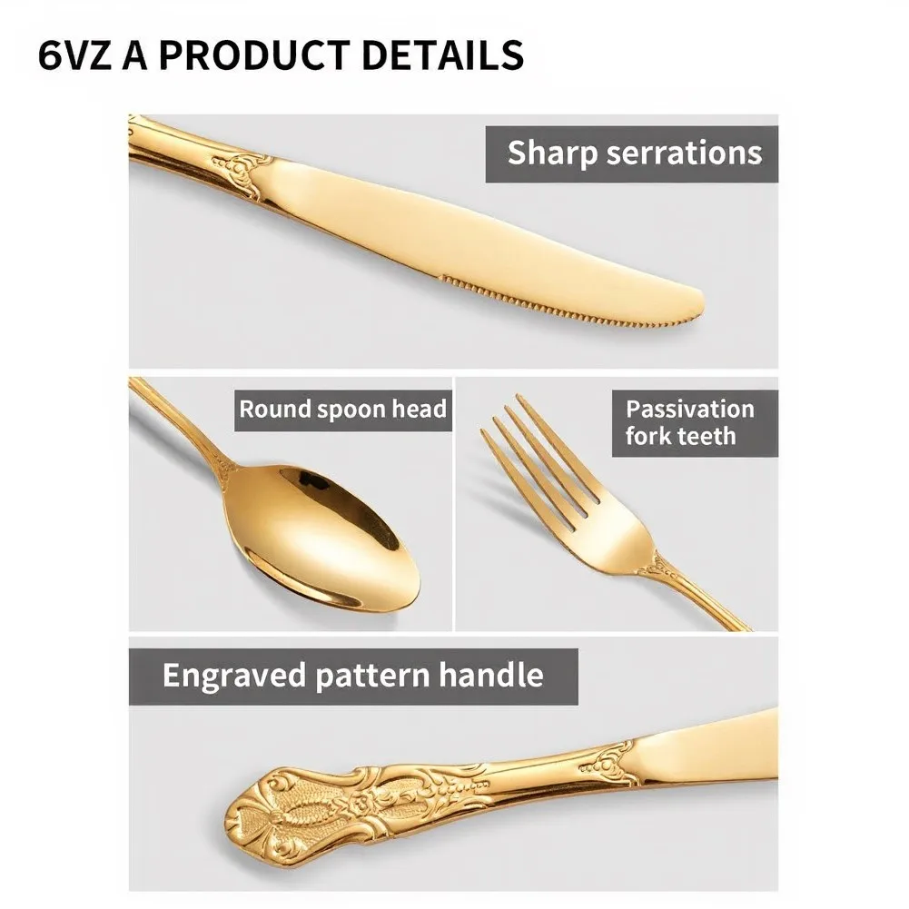 24-Piece Stainless Steel Flatware Set in Vintage Gold Finish for 6 with Baroque Styling for Home Restaurant Use