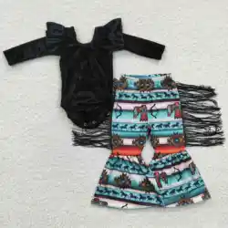 2023 Latest Design RTS Little Girls Toddler Outfit Boutique Kids Fringe Flare Pants Baby Velvet Romper Sets