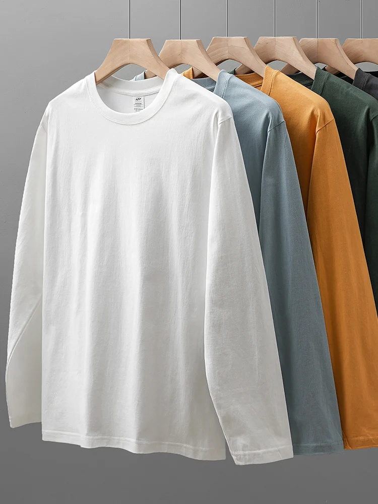 DUKEEN Herren 260G Langarm-T-Shirts 2025, Frühling, reine Baumwolle, einfarbig, Basic-Unterhemd mit Rundhalsausschnitt, lockere Oberteile für Herren, 11 Farben