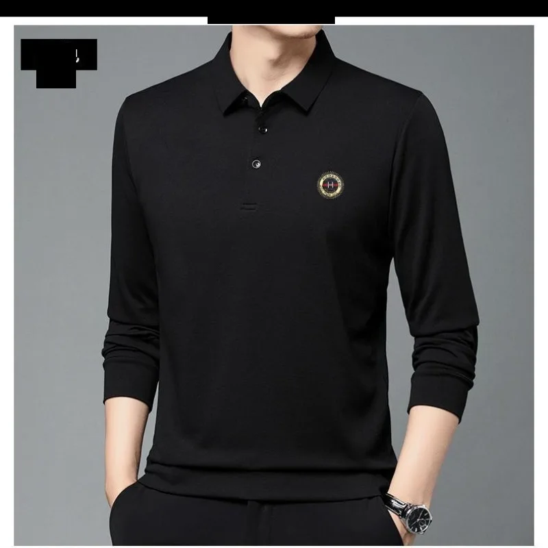 Spring Autumn Men's Pullover Turn-down Collar Solid Button Epaulet Long Sleeve T-shirt Polo Bottom Fashion Casual Formal Tops