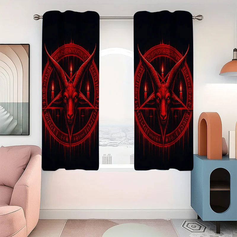 2pc Gothic Blackout Curtains,Satanic Pentagram & Red Goat Head,Light-Filtering for Bedroom,Living Room & Office,Dark Decor Style