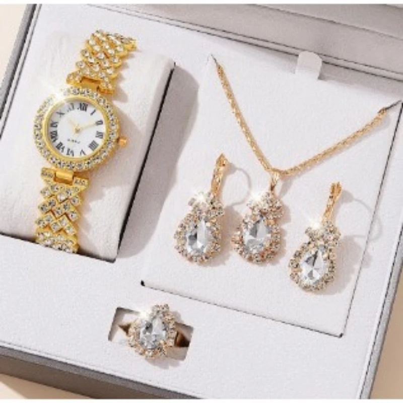 Kegllect-Conjunto de Reloj clásico para mujer, Diamante completo, exquisita esfera pequeña, reloj de cuarzo para mujer, pulsera, collar, regalo