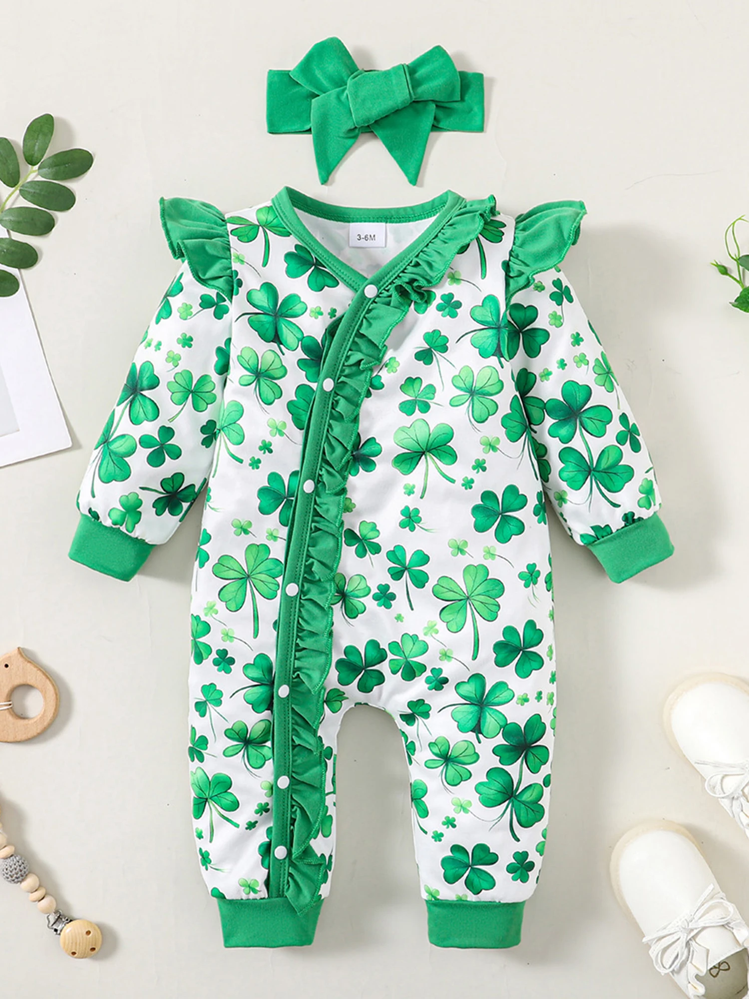 St Patrick s Day Baby Girls Outfit Green Clover Print Romper with Matching Headband Set Festive Irish Festival Wear