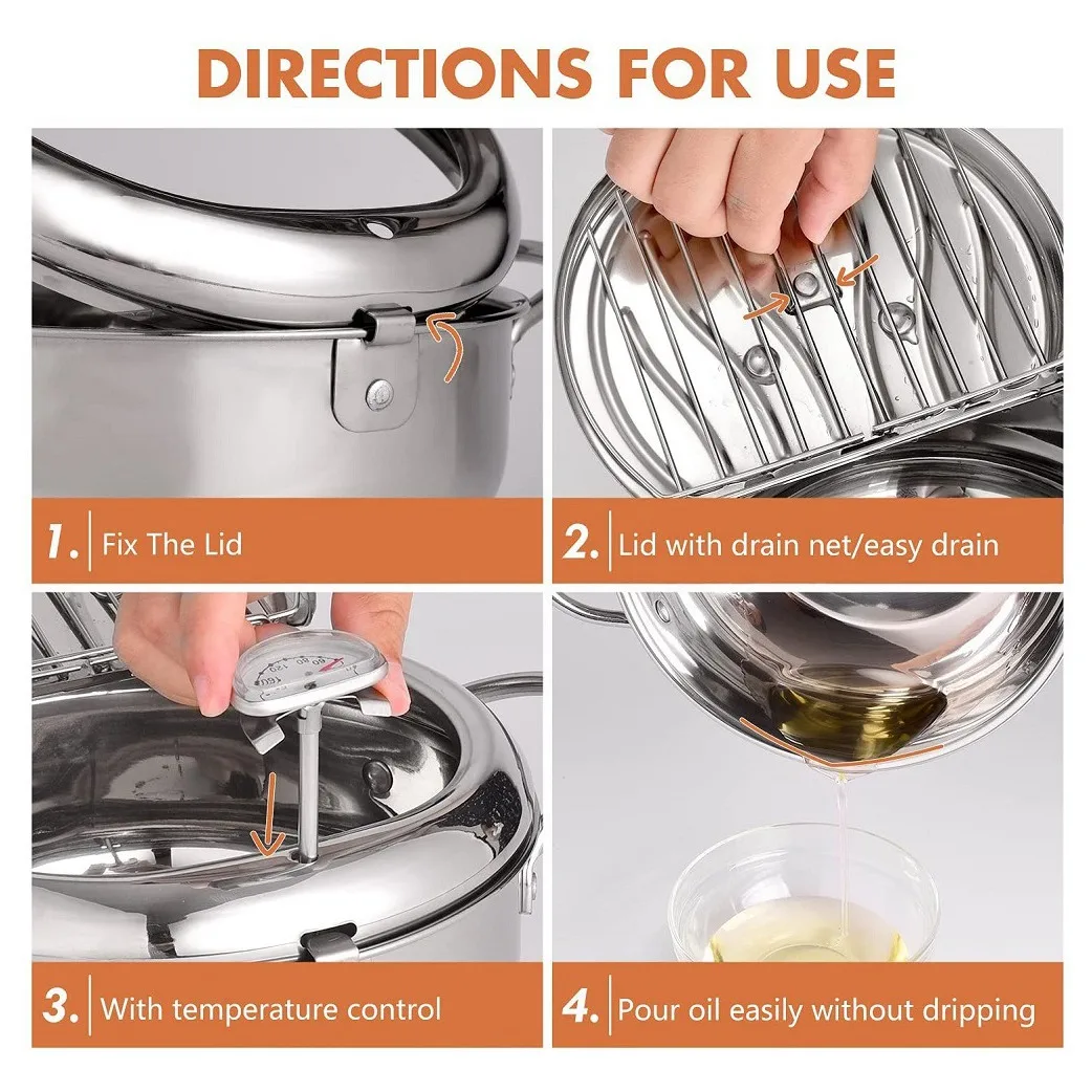 

N08R Frying Pans 304 Stainless Steel Pot Japanese Deep Fryer Kitchen Deep Frying Pot Temperature Control Without Oil Cookware