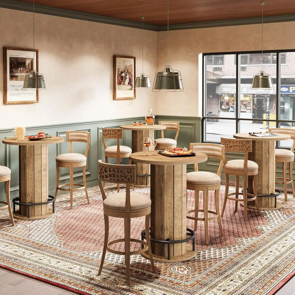

4-Seat Round Dining Table Set, Bar Height, Wood Strip Base, Suitable for Dining Rooms, Restaurants, Cafes, Bakeries, Pubs, Light