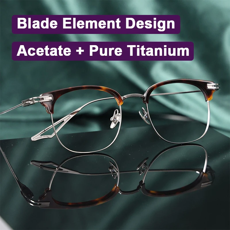 Luxury Brand Blade Element Design Ultra Light Acetate + Pure Titanium Glasses Frame Men's Retro Business Eyebrow Eyewear