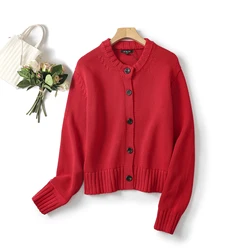 Ethereal MD 2024  new style of Women's casual red buttoned short crew-neck knitted cardigan jacket