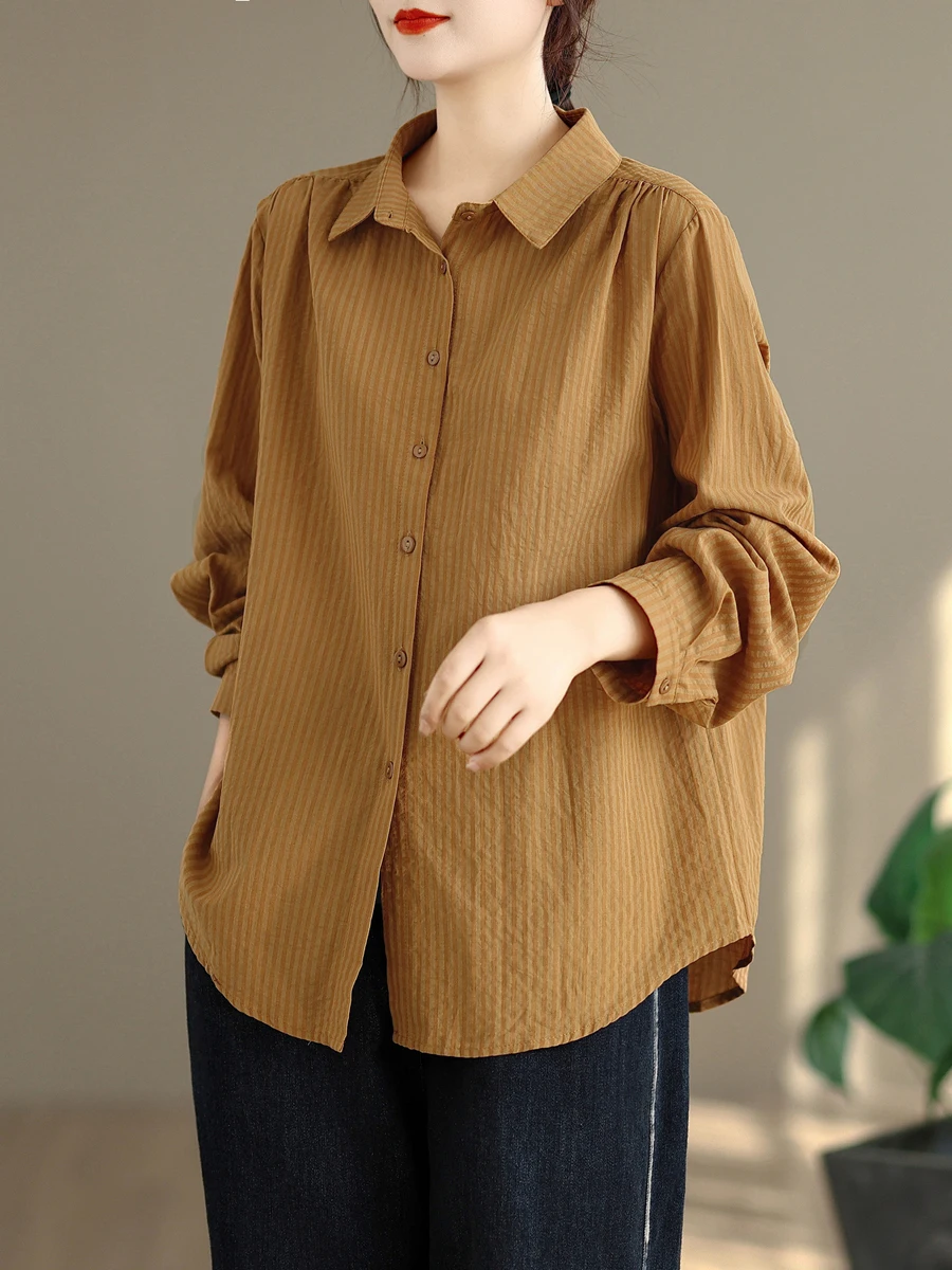 خريف 2025 قطن طويل Sve للنساء irt عتيق طبقة قاعدة مخططة بأزرار وياقة غير متماثلة مقاس كبير