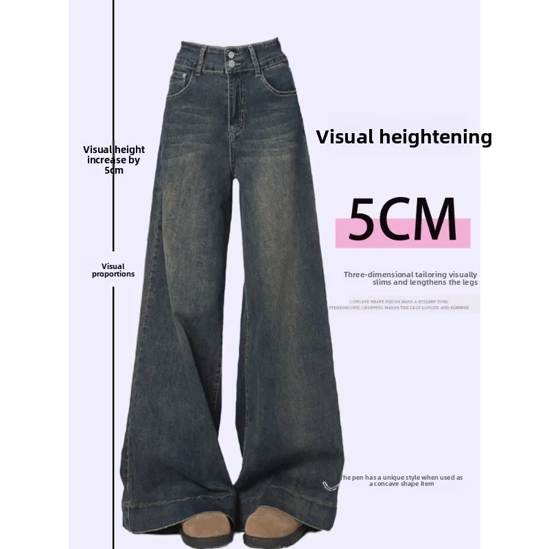 Large Size Women's Clothing Fat Mm Retro Old Straight Jeans Women's New Pants High Waist And Thin Design Wide Leg Pants