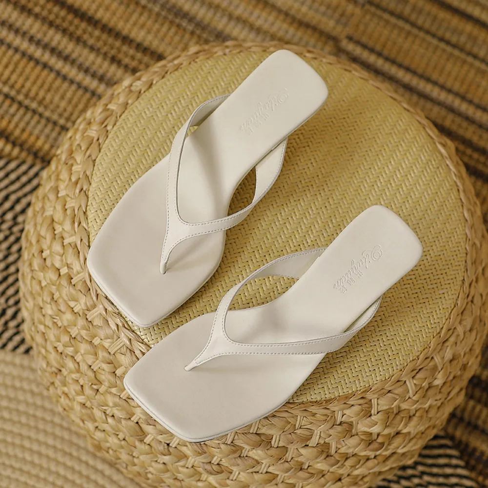 Slippers Women 2026 Summer New French Square Headed Kitten Heel Sandals with Clip on Feet Plus Size High-heeled Flip Flops Woman