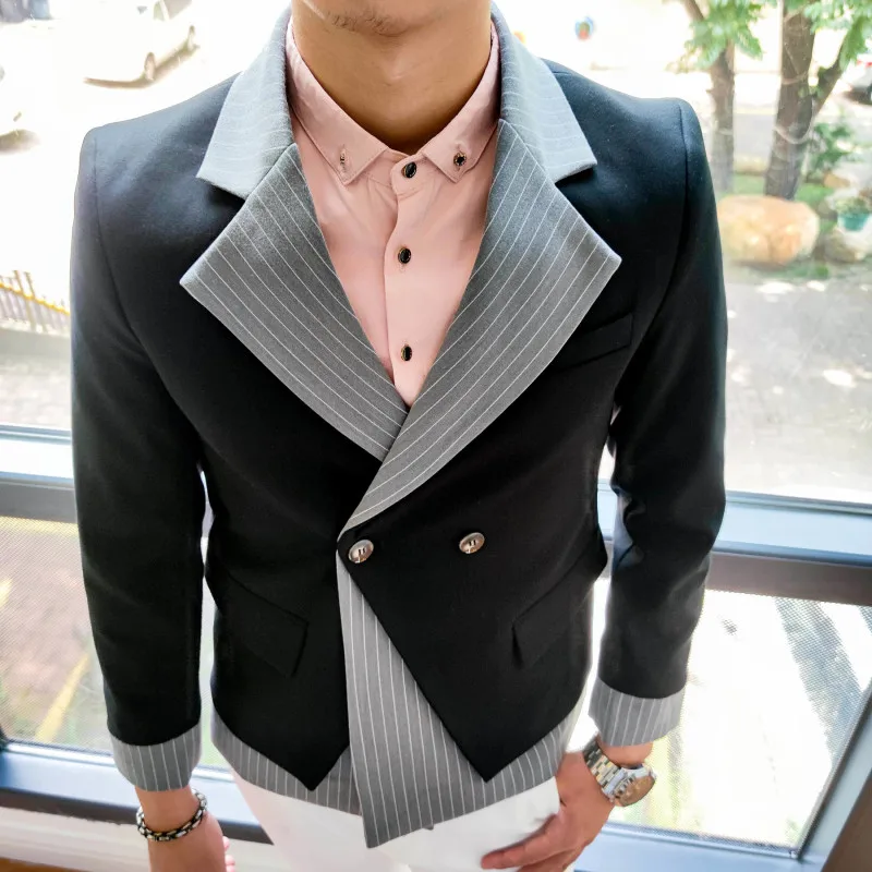 

Mens Stylish Blazer Stitching Striped Blazer Hombre Men Jacket Stage Costumes For Singers Nightclub Party Male Terno Masculino